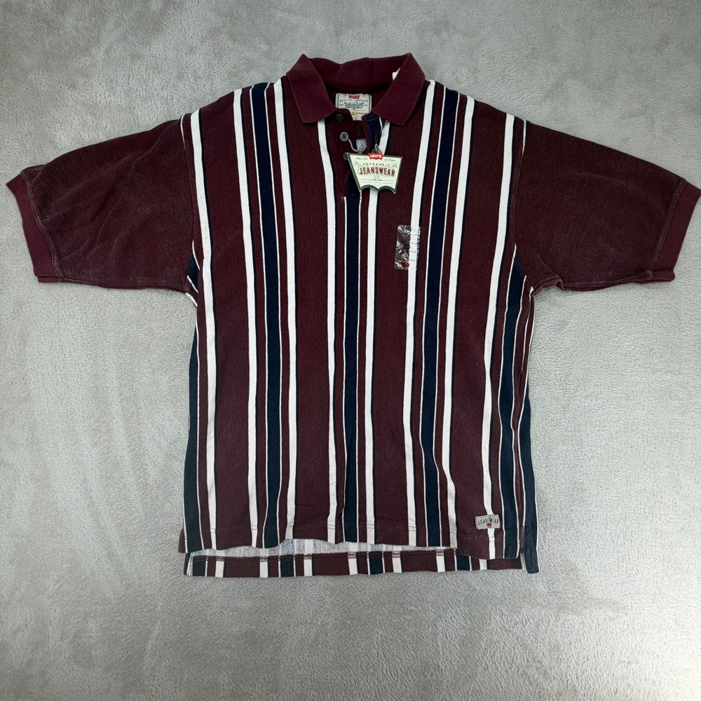 NWT Vintage Levi's Mens Large Maroon Striped Jeanswear Polo Shirt